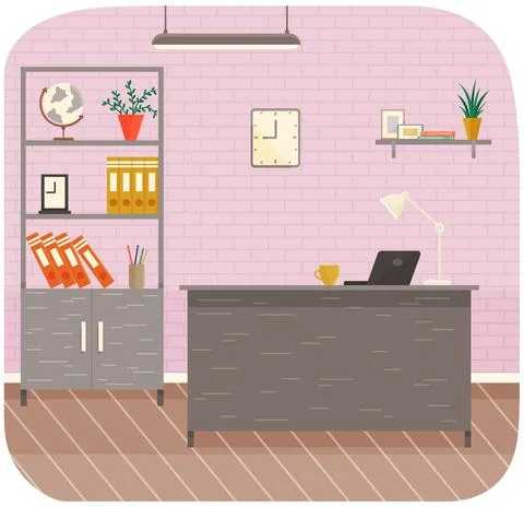 Interior of workplace with desk with laptop, bookcase with folders and documents Stock Illustration