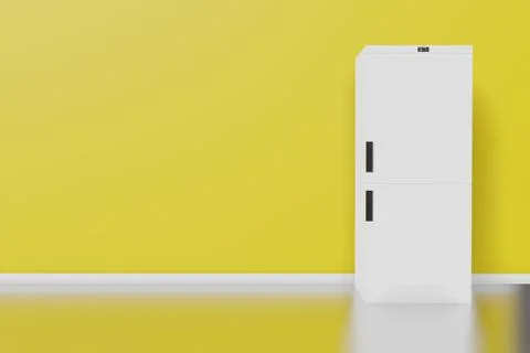 Interior yellow kitchen with fridge 3D rendering mock up illustration. Stock Illustration