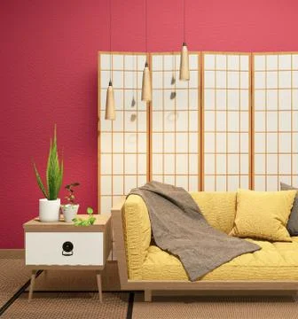 Interior with yellow velvet sofa on empty red wall background, 3D rendering Stock Illustration