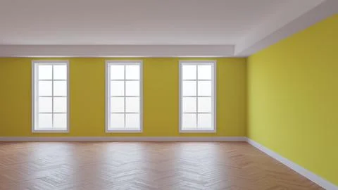 Interior with Yellow Wall, White Ceiling and Conrnice, Three Large Windows Stock Illustration
