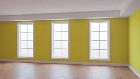 Interior with Yellow Walls, Three Large Windows, Light Glossy Parquet Stock Illustration