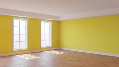 Interior with Yellow Walls, Two Windows, White Ceiling and Cornice Stock Illustration