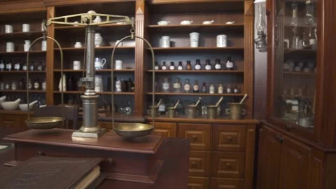 The interiors of the old pharmacy of the museum Stock Footage 153895804