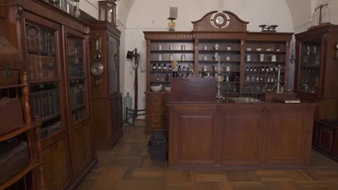 The interiors of the old pharmacy of the museum Stock Footage 153895916