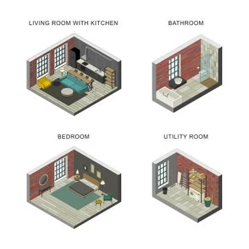 Interiors set in isometric views Illustrazione stock