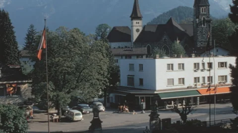 Interlaken Garden Path To Heiliggeistkirche And Jungfrau Massif 1970s Vídeo Stock 342603941
