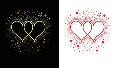 Interlinked hearts design with gold glitter on black and red pixelated dots on 스톡 일러스트