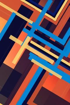 Interlocking 3D blocks create a vivid blue and orange corridor with dramati.. 库存插图