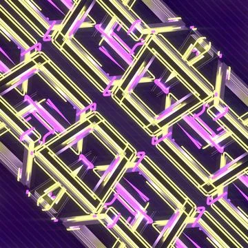 Interlocking 3D Geometric Pattern with Yellow and Magenta Neon 库存插图