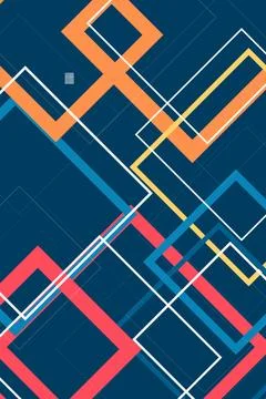 Interlocking abstract line frames in orange, blue, yellow, and red form a d.. Stock-Illustration