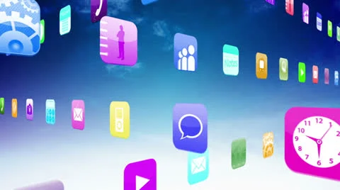 Interlocking application icons on blue sky background Stock Footage 23373231