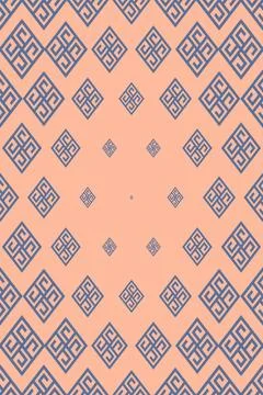 Interlocking blue diamond ornaments repeat across a soft peach field in a c.. Stock-Illustration