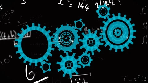 Interlocking blue gears over animation of mathematical equations on black Stock Footage 304095675