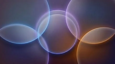 Interlocking circular glass frames with glowing neon light edges on dark pu.. Illustrazione stock