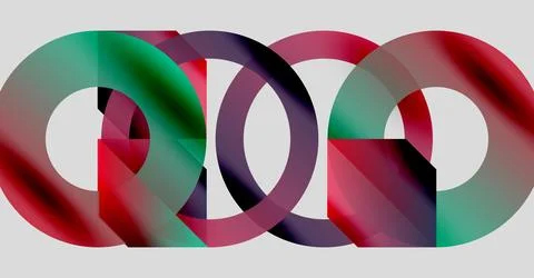 Interlocking colorful circles create abstract design. Gradient hues blend, Stock Illustration