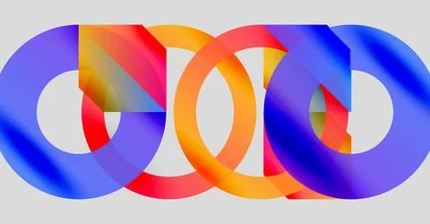 Interlocking colorful rings create abstract design. Gradient hues blend, forming Stock Illustration