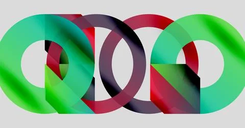 Interlocking colorful rings create abstract design. Gradient shades blend, Stock Illustration