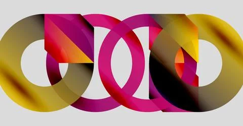 Interlocking colorful rings create abstract design. Gradient shades blend, Stock Illustration