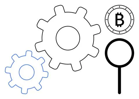 Interlocking gears, Bitcoin symbol, and magnifying glass emphasizing techno.. イラスト素材