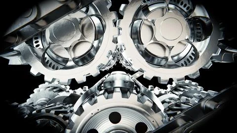 Interlocking metal gears rotating smoothly in complex mechanism Stock Illustration