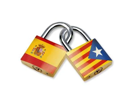 Interlocking padlocks with flag of Spain and with flag of Catalonia isolated Stock Photos