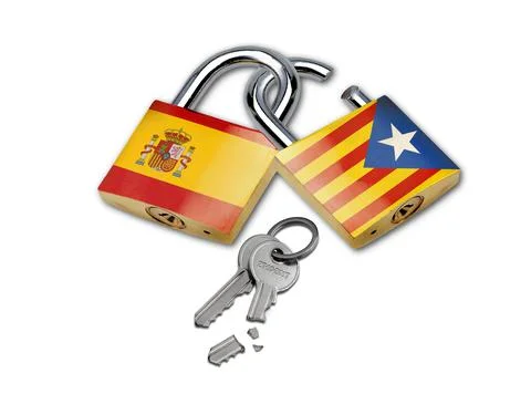 Interlocking padlocks with flag of Spain and with flag of Catalonia isolated Stock Photos