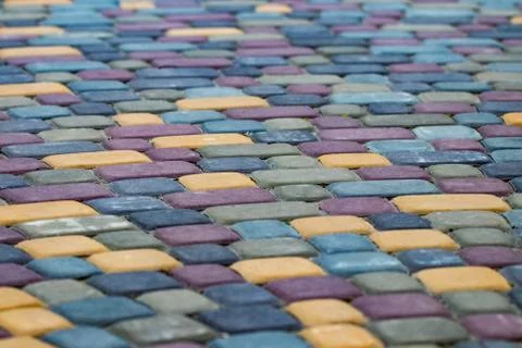 Interlocking paving with gray and white concrete blocks; Concrete products; C 스톡 사진