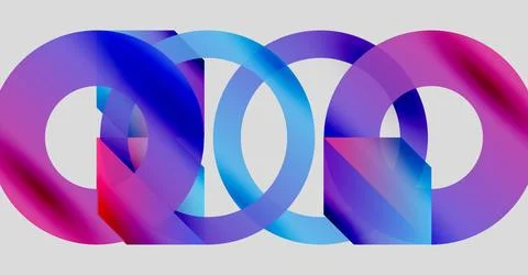 Interlocking rings display vibrant blue, purple, pink gradients. Modern design Illustrazione stock