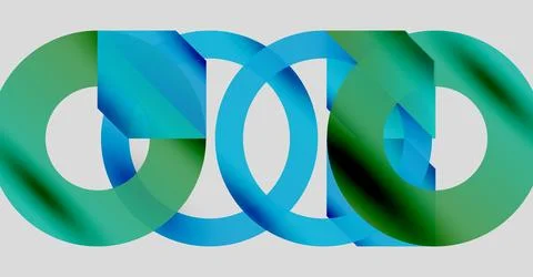 Interlocking rings, green and blue hues, abstract design. Modern aesthetic, Stock Illustration
