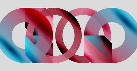 Interlocking rings, red, blue, pink hues. Minimalist design, abstract Stock Illustration