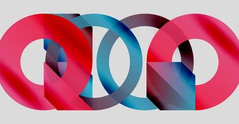 Interlocking rings, red, blue, pink hues. Abstract design, modern aesthetic, Stock Illustration