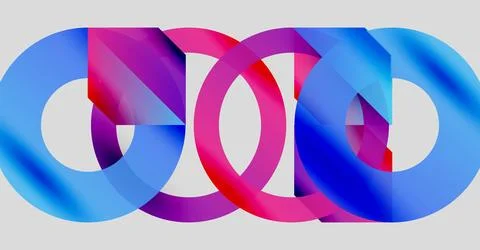 Interlocking rings, vibrant blues, pinks create abstract design. Modern, Stock Illustration
