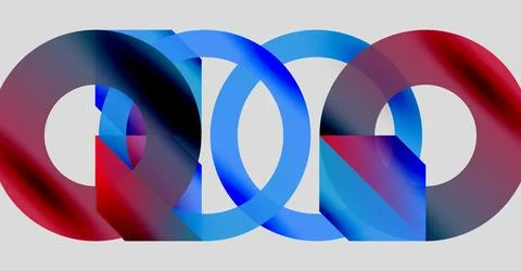 Interlocking rings, vibrant colors blend. Red, blue hues create abstract design. Stock Illustration