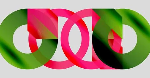 Interlocking rings, vibrant green, pink hues. Abstract design, modern aesthetic, Stock Illustration