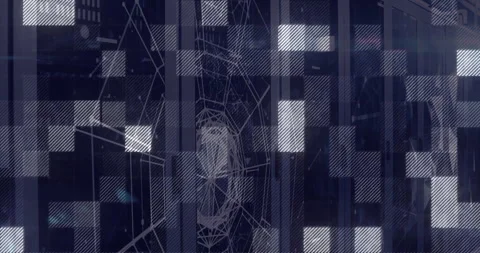 Interlocking squares rotating across blue grid, showing translucent node mesh in Stock Footage 309155817