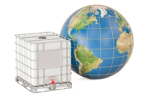 Intermediate bulk container with Earth globe. Transport of liquids around the Stock Illustration