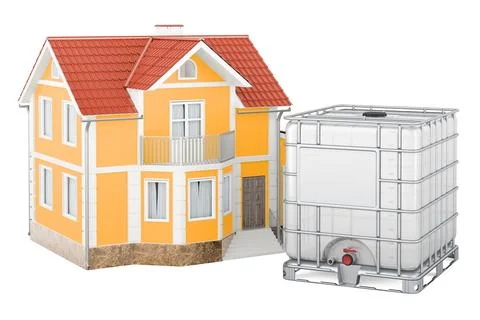 Intermediate bulk container with home, 3D rendering Stock Illustration