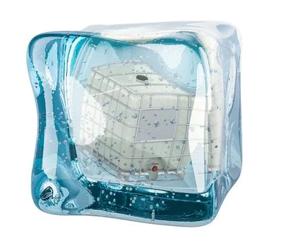 Intermediate bulk frozen in ice cube, 3D rendering Stock Illustration