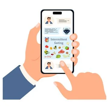 Intermittent fasting app interface on a smartphone screen held by hands, co.. Illustrazione stock