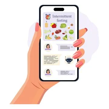 Intermittent fasting app on smartphone screen held by female hand, illustra.. Stock Illustration
