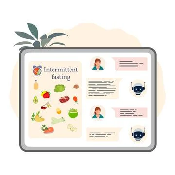 Intermittent fasting concept displayed on tablet with conversation and food.. Stock Illustration