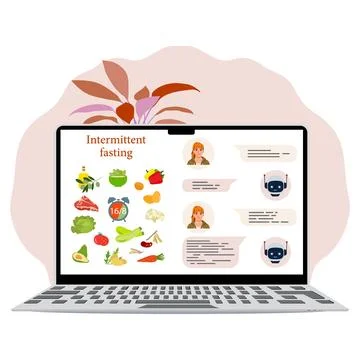 Intermittent fasting concept on laptop screen with healthy food icons and c.. Illustrazione stock
