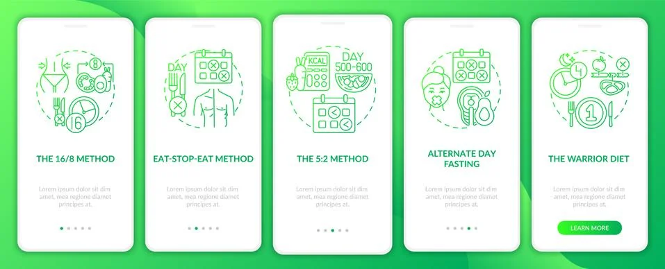 Intermittent fasting methods green gradient mobile app page screen with concepts Stock Illustration
