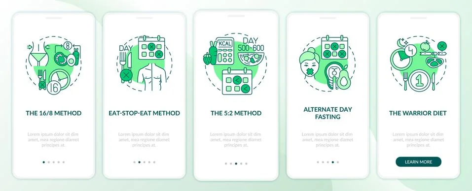 Intermittent fasting methods green onboarding app page screen with concepts Ilustración de archivo