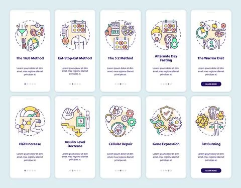 Intermittent fasting onboarding mobile app page screen with concepts set Ilustración de archivo