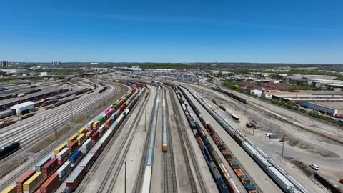 Intermodal Double Stacked Import and Export Shipping Containers in Railway Yard Vídeos de archivo 308980913