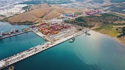 Intermodal freight container yard terminal in sea international port Stock Footage 254765939