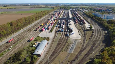 Intermodal Rail Freight Terminal with Container Trains, Gantry Cranes in Munich Stock-Footage 347909044