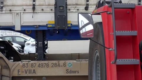 Intermodal Rail Freight Terminal Medium Shot of Sdmrs Wagon and Cargo Logistics Stock Footage 338372168