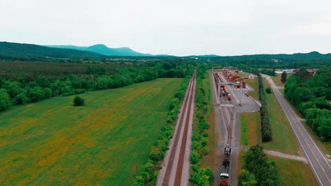 Intermodal Rail Terminal Aerial - Container Yard, Gantry Cranes and Freight Stock Footage 340184551